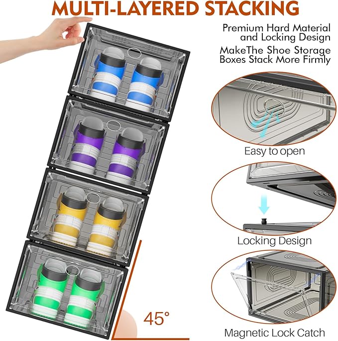 6 Pack Thicken Shoe Organizer Stackable,Upgraded Sturdy Shoe Storage Box with Magnetic Door,Shoe Containers For Sneaker Display,Hat Organizer,Black-NeatNest