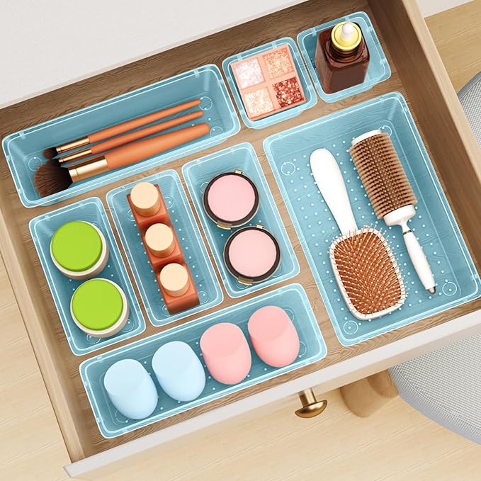 12-Piece Drawer Organizer Set, 4 Sizes Versatile Plastic Vanity Organizer for Makeup, Stationery, Gadgets, in Kitchen, Bathroom, Office, and Bedroom, Sea Blue-NeatNest