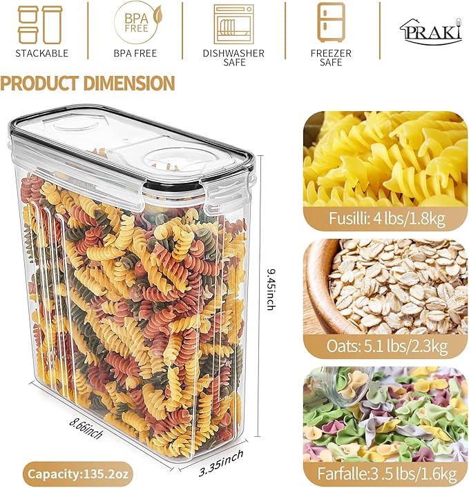 PRAKI Cereal Containers Storage Set (4L,135.2 Oz), 4PCS Airtight Food Storage Containers with Pour Spout for Kitchen & Pantry Organization Cereal Dispensers with 20 labels, Measuring Cup & Marker-NeatNest