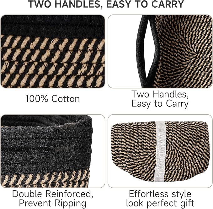 3-Pack Shelf Baskets for Organizing, Closet Organizer Bins, Small Woven Baskets, Rope Toy Basket, Storage Basket for Shelves, Cube Decorative Box, 11.5×7.5×4.7”, Black Brown-NeatNest