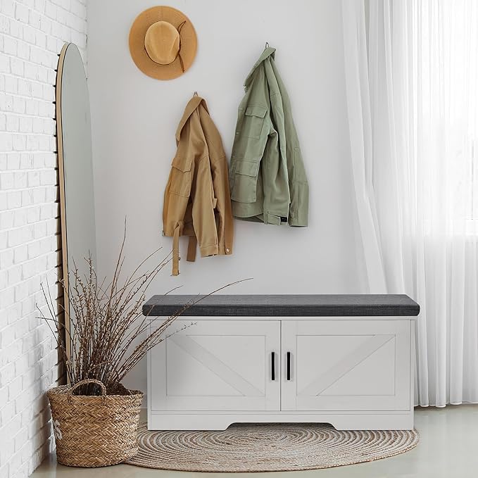 2-Tier Storage Bench, Shoe Bench with Padded Seat Cushion, Entryway Bench with 2 Barn Doors, Adjustable Shelf, 13.8" D x 39.4" W x 17.7" H, for Entryway, Living Room, Bedroom, White-NeatNest