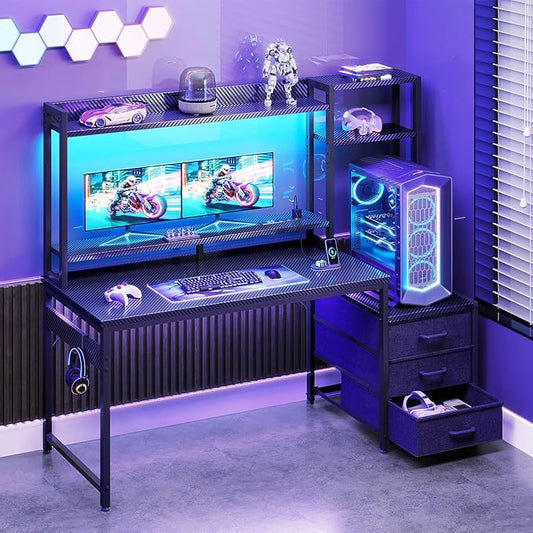 Casaottima 48 Inch Gaming Desk with Hutch & 3 Fabric Drawers, Computer Desk with USB Ports & LED Lights, Reversible Pc Gamer Table with Monitor Stand for Home Office, Carbon Fiber Black-NeatNest