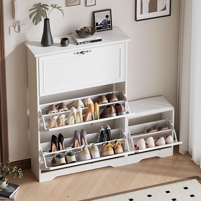 Entryway Shoe Cabinet with Bench, Hidden Storage and Adjustable Shelves, Wooden Shoe Rack and Organizer for Hallway, Mudroom, Closet, Small Apartment