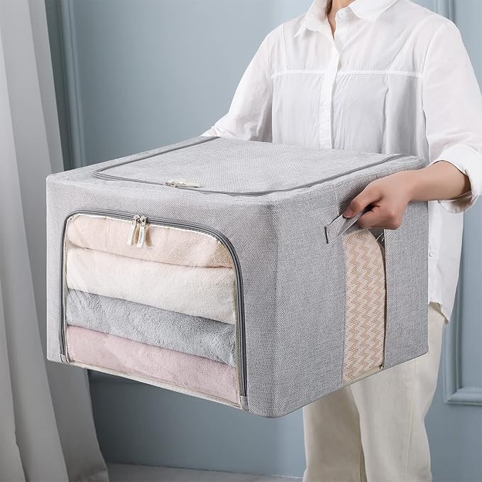 3Pack Foldable Storage Bins - Frame Storage Box Linen Fabric Stackable Clothes Container Organizer with Clear Window & Carry Handles Large Capacity (Large-66L, Light Grey)-NeatNest