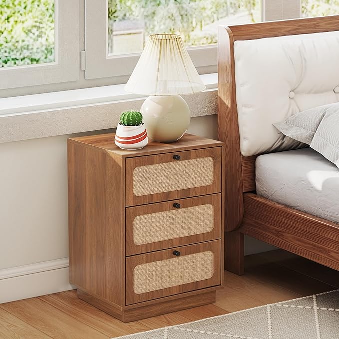 16 Inch Nightstand Set of 2, Mid-Century Wood Night Stand with 3 Storage Drawer, Farmhouse Small Linen Decor End Table for Sofa Couch, Side Tbale for Bedside Bedroom, Living Room (Walnut)