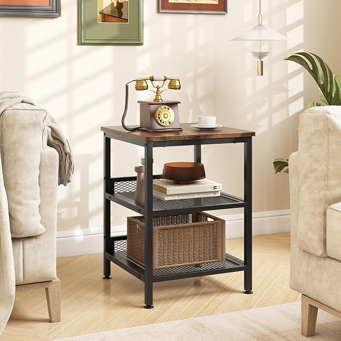 Giantex 3-Tier End Table Set of 2, Industrial Telephone Table with 2 Mesh Storage Shelves, Metal Frame, 16 Inch Square Sofa Side Table Nightstand for Living Room, Bedroom, Small Space, Rustic Brown