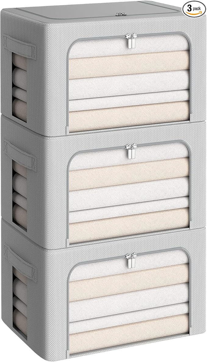 3Pack Frame Storage Box - Clothes Storage Bin Bags Oxford Fabric Foldable Stackable Container Organizer Set with Clear Window & Carry Handles (Grey, X-Small-36L)-NeatNest