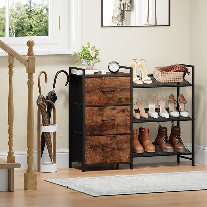 Somdot Shoe Rack, 3 Tier Shoe Organizer with 3 Drawers, Metal Shoe Storage Shelf for 6-9 Pairs of Shoes, Narrow Shoe Rack for entryway, Wood Grain Print-NeatNest