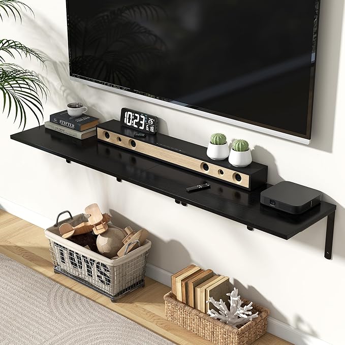 Fun Memories Floating Shelves for Wall, 12 Inch Deep Floating Shelves Set of 2, Wall Mounted Shelf with Metal Brackets, Rustic Wood Wide Shelf for Bathroom, Kitchen and Living Room, Black, 32W x 12D-NeatNest
