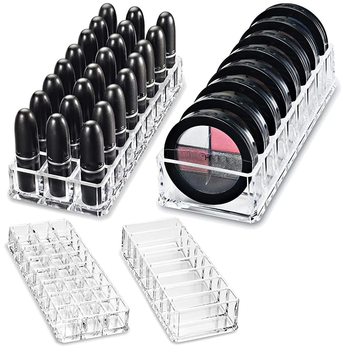 byAlegory Acrylic Lipstick & Acrylic Compact Makeup Organizer Set For Bronzer Highlighter Powder & Blush 32 Space Refillable Cosmetic Storage - Clear-NeatNest