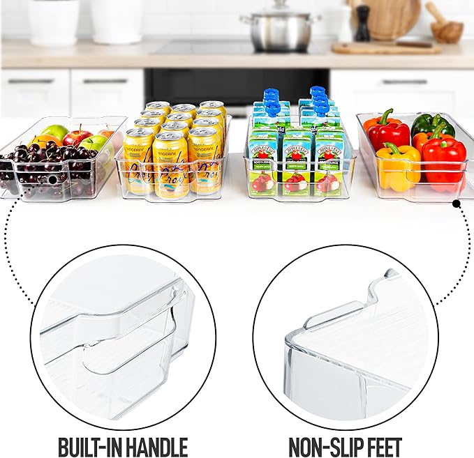 Zulay Kitchen 4 Pack Clear Refrigerator Organizer Bins - Large Fridge Organizers and Storage Containers - Transparent, BPA Free, Durable, Shatterproof
