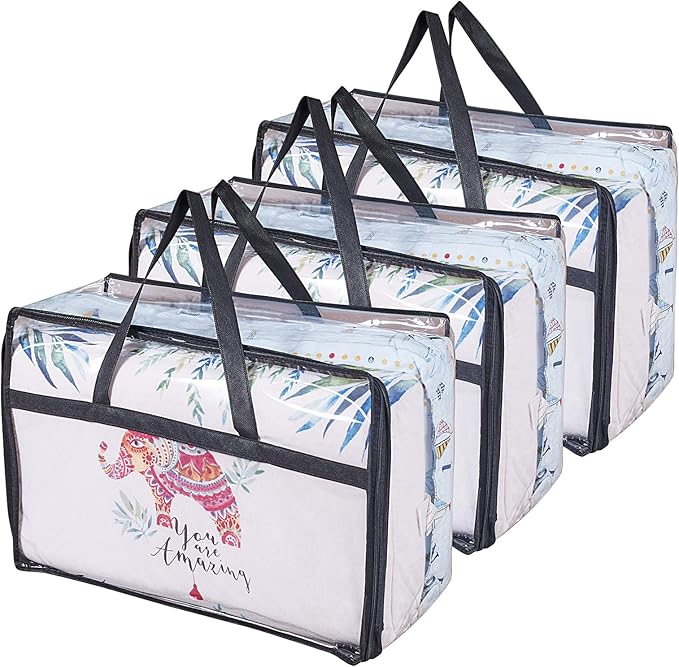 Clear Clothes Storage Bag Organizer with Reinforced Handle, Vinyl Storage Bags for Comforter, Blanket, Bedding, Toys, Transparent Moving Totes with Sturdy Dual Zippers, 3 Pack, 55 L, Black-NeatNest
