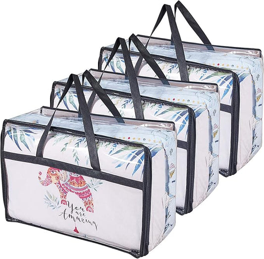 Clear Clothes Storage Bag Organizer with Reinforced Handle, Vinyl Storage Bags for Comforter, Blanket, Bedding, Toys, Transparent Moving Totes with Sturdy Dual Zippers, 3 Pack, 55 L, Black-NeatNest