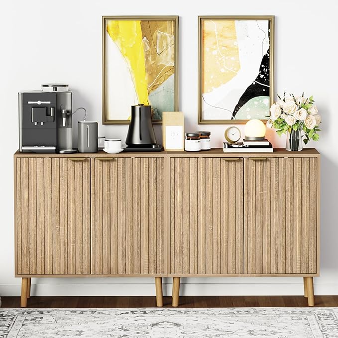 Fluted Storage Cabinet, Free Standing Buffet, Wood Sideboard, Multifunctional Accent Storage for Living Room, Hallway, Entryway, Dining Room (1, Oak)