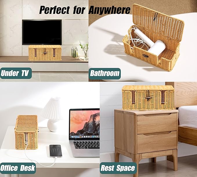 Handwoven Synthetic Rattan Cable Organizer Box with Lid,with 4 Open Slots,Cord Organizer Box Cord Storage Basket for Computer Router USB Hub and Power Strip