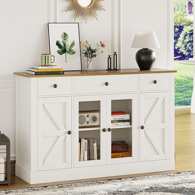 4 EVER WINNER Buffet Cabinet with Storage, 55" Farmhouse Sideboard Buffet Cabinets with Drawers and Glass Doors, Coffee Bar Cabinet for Kitchen, Living Room, White-NeatNest