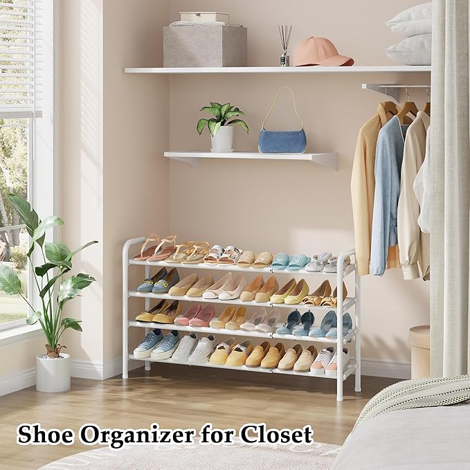 Shoe Rack for Closet,4 Tier Shoe Organizer, 28“ Metal Shelf Can Expandable to 42“, for Bedroom, Entryway, Living Room, Garage, Adjustable to 24 Pairs Shoes, White-NeatNest