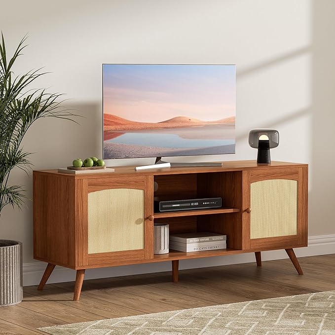 Brown Rattan TV Stand for 60 Inch TV, Wooden Mid Century Modern Entertainment Center with Natural Rattan Door, Boho Media TV Console for Living Room-NeatNest