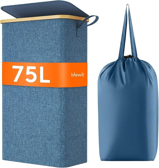Lifewit 75L Slim Laundry Hamper with Lid, Narrow Laundry Basket with Removable Bag & Bamboo Handles, Fodable Thin Dirty Clothes Hamper for Laundry Collapsible Bin for Bathroom Bedroom Dorm, Dark Blue-NeatNest