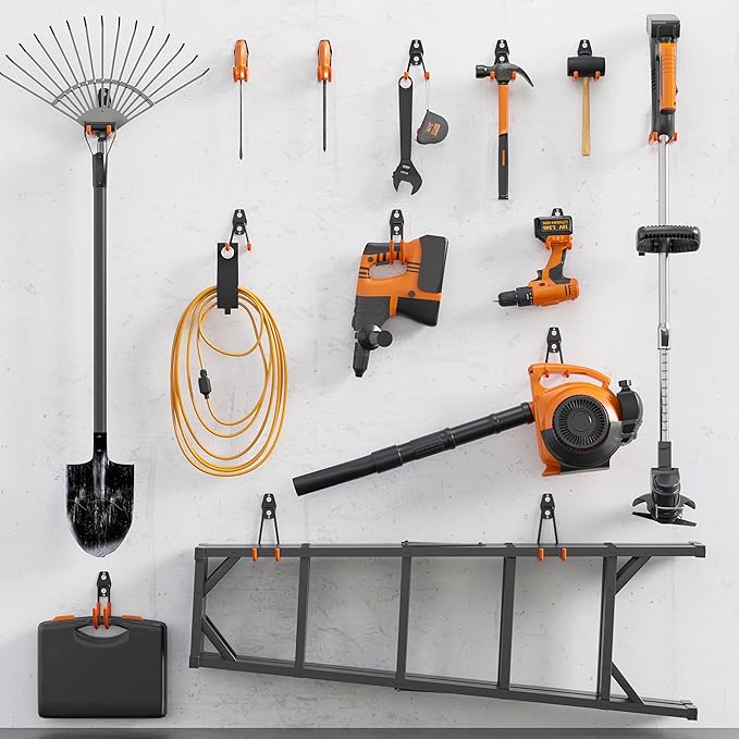 BONTEC Heavy Duty Garage Hooks, Anti-Slip Coated Black Steel with Strong Load Capacity, Multi-Sized U and J Hooks, Easy Wall Mount for Garage, Garden, Workshop (Orange, 16 Pack)-NeatNest