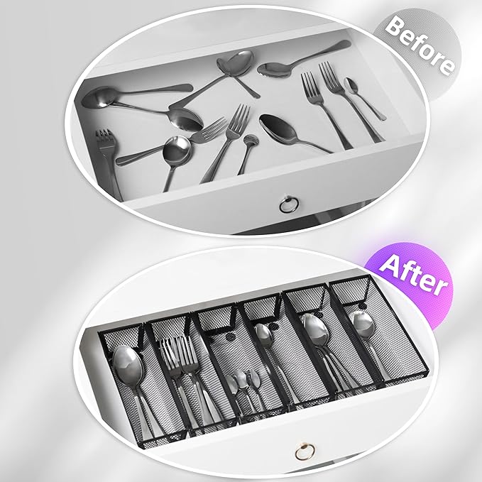 ihomecooker Mesh Tray Silverware Drawer Organizer, Utensil Cutlery Tray Office Supplies with Interlocking Arm Drawer Dividers Organizer for Flatware, Knives,Home,Office, School,Bedroom 9X3＂Black…-NeatNest