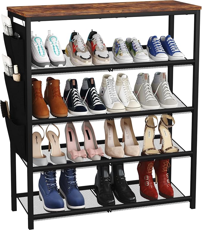 HOMEFORT 5 Tiers Shoe Rack for Entryway,30" Shoe Storage Shelf for Closet, Shoe Organizer with Adjustable Mesh Shelves, for 15-20 Pairs of Shoes, Industrial Shoe Stand with Side Pocket, Rustic Brown