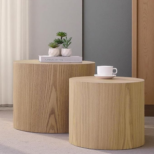 2-Piece Round Nesting Coffee Table, Circle End Table Wood Accent Table, Minimalist Side Table Set for Small Spaces, Living Room, Apartment(Oak)