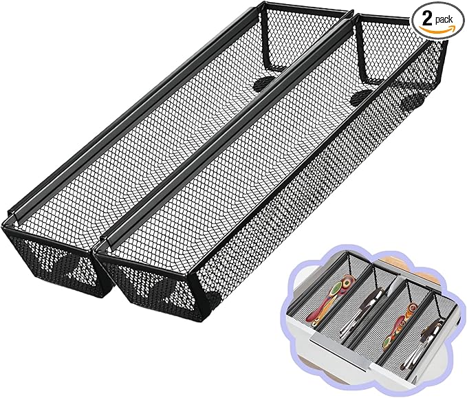 2PCS Drawer Organizer, Mesh Drawer Organizer with Interlocking Arm for Utensil, Cosmetic, Flatware, Pen (12 * 3 * 2 Inches, Black)-NeatNest