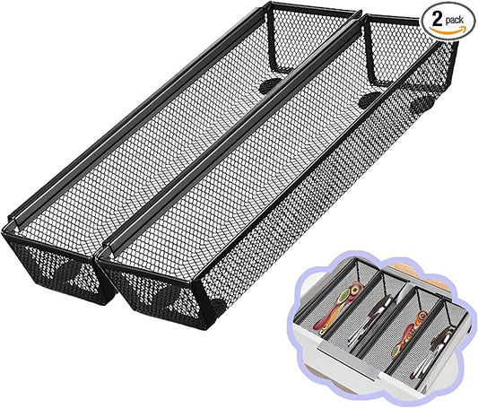 2PCS Drawer Organizer, Mesh Drawer Organizer with Interlocking Arm for Utensil, Cosmetic, Flatware, Pen (12 * 3 * 2 Inches, Black)-NeatNest