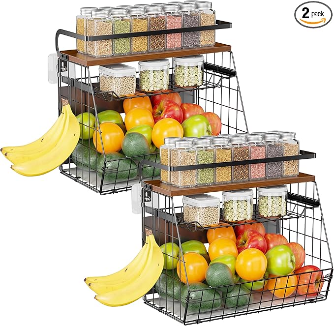 Delamu Magnetic Shelf for Fridge with Wood Lid, 3 Tier Pull Out Fridge Magnet Organizer, Magnetic Spice Rack for Refrigerator, Cabinet, Kitchen Counter, Laundry (2 Pack)-NeatNest