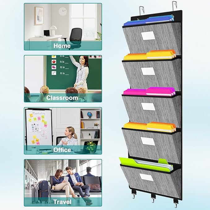 homyfort Over the Door File Organizer, Hanging File Folders, Wall Organizers and Storage for Mail, Magazine, Notebooks, Planners, Office, Classroom, 5 Extra Large Pockets, 50.39” Tall (Black)-NeatNest