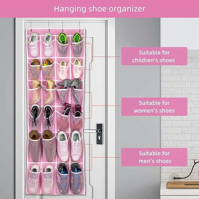 Hanging Shoe Organizer 2Pack, Over The Door Shoe Rack with 24 Mesh Pockets - Pink (2pack), Size: 58x21 Inch-NeatNest