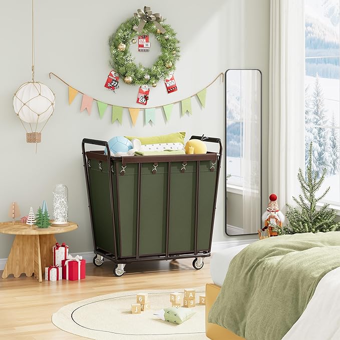 Hoctieon Large Laundry Cart with Wheels, 400L Heavy Duty Laundry Basket Organizer, Rolling Hamper Sorter for Clothes Storage, Industrial Dirty Clothes Hamper for Home & Hotel, Green+Brown-NeatNest