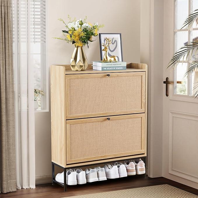LEVNARY Shoe Cabinet Set of 2, Wooden Narrow Shoe Racks Cabinet Storage with 2 Flip Drawers, Hidden Freestanding Shoe Organizer for Hallway, Entryway, Home (2, Natural Oak)-NeatNest