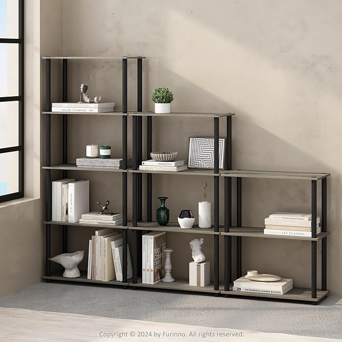 Furinno Turn-N-Tube 5-Tier Multipurpose Compact Bookcase, French Oak/Black-NeatNest