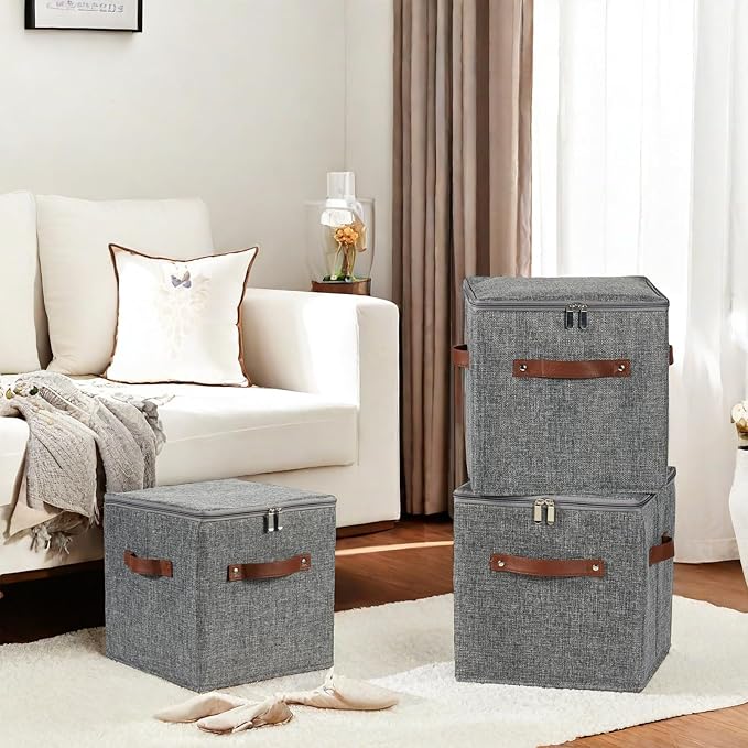 2PCS Storage Cubes with Lid Fabric Storage Bins Boxes PU Leather Handles Cotton Linen Closet Organizer Container Decorative Foldable Washable Shelf Cloth Basket (Zipper Lid, Gray, 11in)-NeatNest