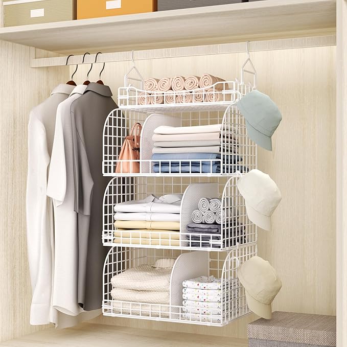 HapiRm Hanging Closet Organizer Storage - 3 Tier Metal Stackable Hanging Closet Shelves with Dividers and S Hooks, Foldable Clothes Shelves for Clothes, Pants, Shoes, Coat, Hats Clutches Accessories