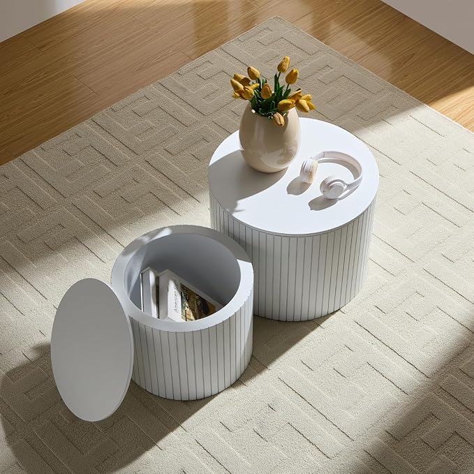 Nesting Cofee Tables Set of 2 with Storage, Modern Round Wooden Coffee Table Circle Side Tables Accent Walnut Table for Living Room, Small Spaces, Bedroom,Balcony, Office(19.17" White)