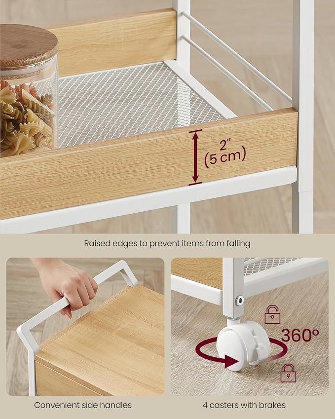 VASAGLE Storage Cart, 3-Tier Rolling Utility Cart with Table Top, Handles, 4 Lockable Casters, Top Drawer, Mesh Shelves, for Kitchen, Bathroom, Bedroom, Golden Oak and Cloud White ULRC048N01