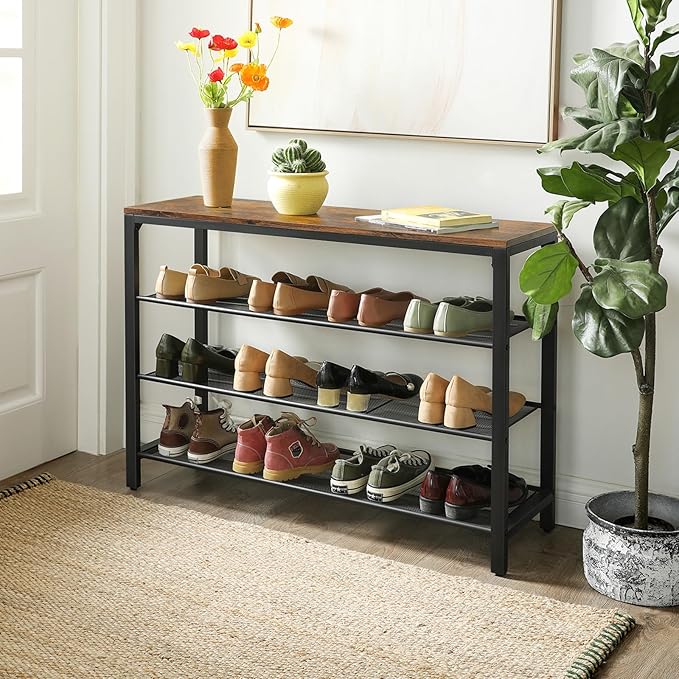 VASAGLE 4 Tier Shoe Rack, Shoe Organizer for Closet, Entryway, 16-20 Pairs of Shoes, Large Shoe Rack Organizer with 3 Metal Mesh Shelves, 11.8 x 39.4 x 28.3 Inches, Rustic Brown and Black ULBS14BX-NeatNest