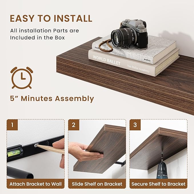 fuqing Floating Shelves for Wall, Bathroom Shelf Wall Mounted for Storage, Shelves with Invisible Bracket for Bedroom, Kitchen, Living Room, Farmhouse Small Book Shelf, 32 Inch Set of 2, Walnut-NeatNest