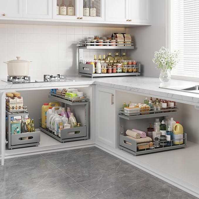 2 Pack 18 IN Depth Under Sink Organizer with Smooth Ball Bearing Slides,2-Tier Pull Out Cabinet Storage,Slide Out Drawers for Bathroom&Kitchen,Rust-resistant Coating,Height Adjustable-Gun Gray-NeatNest