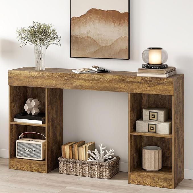 55 Inches Console Table,4 Cubes Narrow Entryway Table,3 Tier Wood Behind Couch Sofa Table,TV Console with Storage for Living Room,Hallway,Entrance,Foyer (Bright Brown)-NeatNest