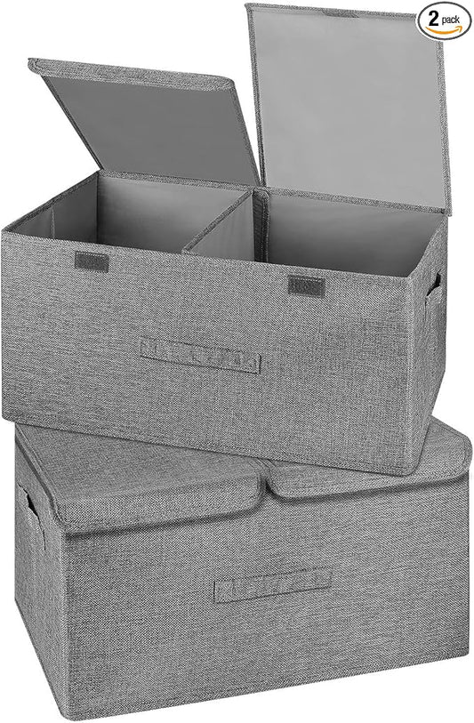 2 Pack Large Storage Boxes with Lids and Handles, Collapsible Linen Storage Bins Organizer Containers Baskets Cube with Removable Divider for Home Bedroom Closet Office (Grey, Large)-NeatNest