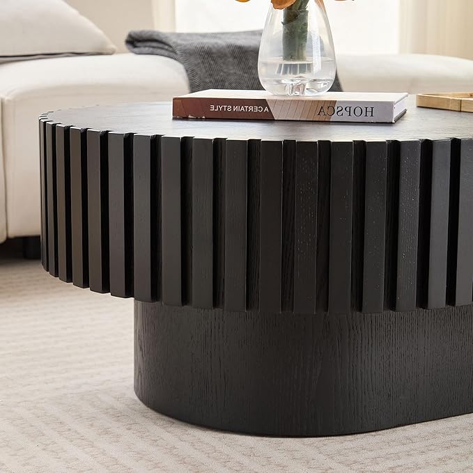 KEVINSPACE Oval Coffee Table 43.7" Wood CoffeeTable for Living Room Drum ModernCoffeeTable TeaTable Wooden Coffee Tables PedestalCoffeeTable Home Furniture Office Apartment Black