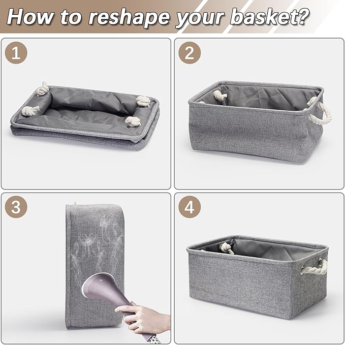 Fabric Storage Bins, 3 Pack Foldable Cube Baskets with Rope Handles, Large Collapsible Storage Cubes for Home, Office, Closet, Clothes, Books Organizer. (Gray, 3PCS/12.2*8.2*5.1inch)-NeatNest