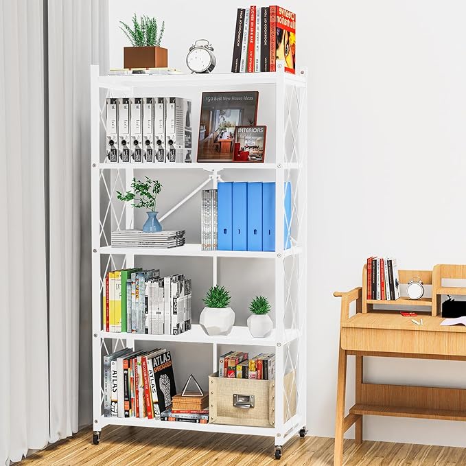 5-Tier Foldable Storage Shelf with Wheels – Heavy Duty Metal Collapsible Rolling Cart for, Closet, Office & Garage Storage Shelves Organization, No-Assembly Storage Shelf– White Metal Shelf