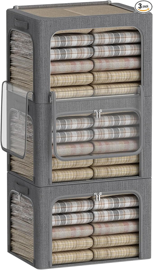 3 Openings Clothes Storage Bins Box - 3Pack Stackable Foldable Storage Bin - Metal Frame Storage Box Clothing Storage Organizer with Clear Window, Carry Handles (Drak Grey, 100L-23.6x16.5x15.7in)-NeatNest