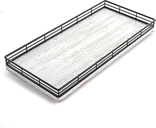 Bathroom Toilet Tank Tray, 13" Wood Toilet Paper Storage Basket Tray Back of Toilet Basket Organizer,Vanity Tray for Perfume Makeup Candle Decor, Black & Farmhouse White-NeatNest