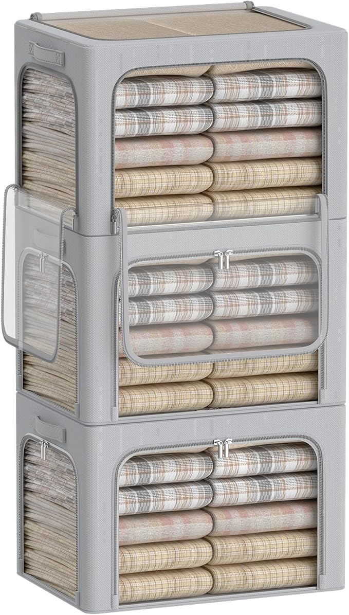 3Pack Clothes Storage Bins - Oxford Frame Storage Box Foldable Stackable Storage Organizer with 3 Openings Design, Metal Frame, Clear Window, Carry Handles (Grey, 100L-23.6 * 16.5 * 15.7in)-NeatNest